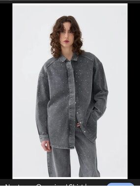 Nocturne brand Washed Black Button-Down Denim Shirt with Stud Detail